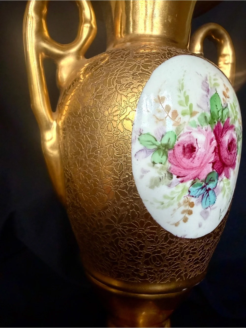Antique Limoges France 10” Hand-Painted Rose Vase – Heavy Gold Gilt, Artist Sign